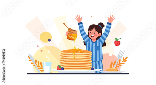 Illustration of a happy girl enjoying breakfast with pancakes and honey on a white background