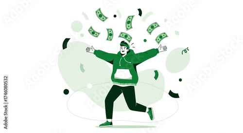 Illustration of a happy man celebrating with money falling from the sky, success concept