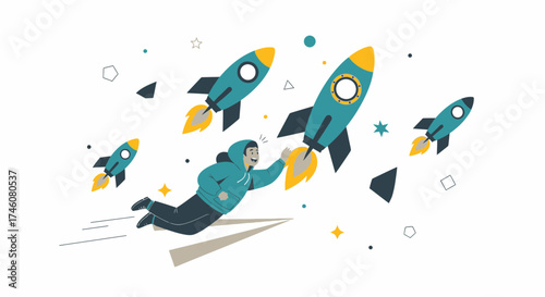 Illustration of a man flying with rockets representing progress and successful goals