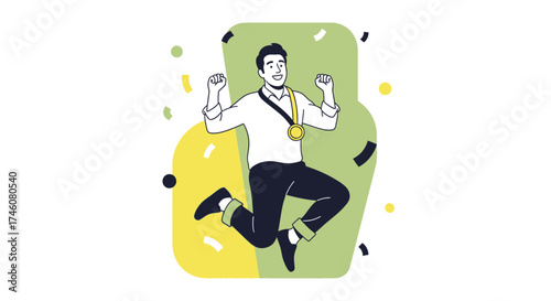 Illustration of a happy man celebrating a victory with a gold medal around his neck