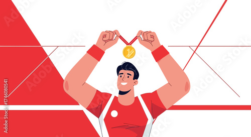 Illustration of a happy man holding a gold medal, celebrating victory in sports