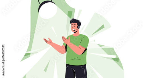 Illustration of a man giving a presentation while wearing a headset, vector image