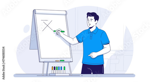 Illustration of a man giving a presentation on a flip chart with an x drawn