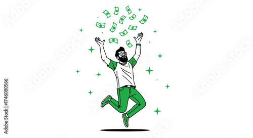 Illustration of a happy person celebrating financial success with money raining down