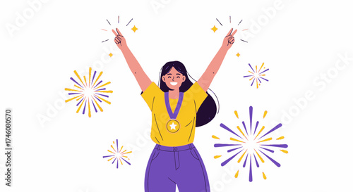 Illustration of a Happy Woman Celebrating Success with a Medal and Fireworks Elements