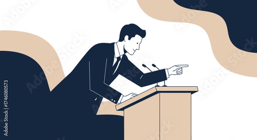 Illustration of a man giving a speech at the podium, pointing his finger confidently