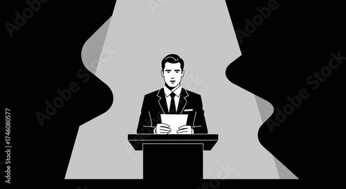 Illustration of a man giving a speech or presentation, on a stage in black and white