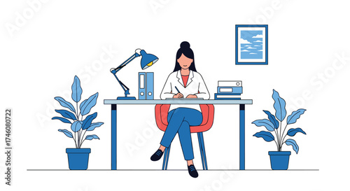 A female doctor sits at her desk in an office with plants and books.