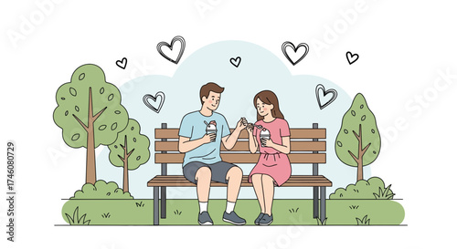 Illustration of a loving couple sharing a drink on a park bench in a serene setting
