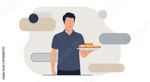 Illustration of a man holding a plate with three sandwiches on it with a white background