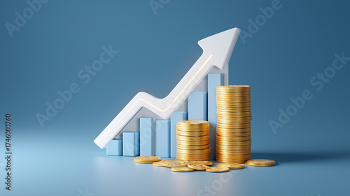 Glowing 3D bar graph upward arrow stack coin symbolize financial growth business success profitable investment.