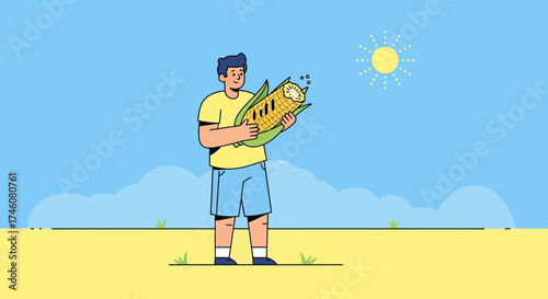 Illustration of a man holding corn on the cob under the sun in a summer day
