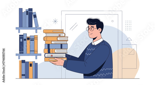 Illustration of a man holding books shows concept of education, knowledge and reading