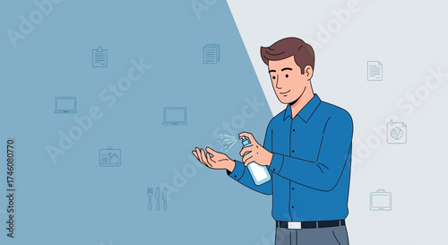 Illustration of a Man Applying Hand Sanitizer to Prevent Virus Infection in work environment