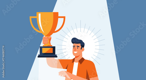 Illustration of a Man Holding Trophy Symbolizing Achievement and Success