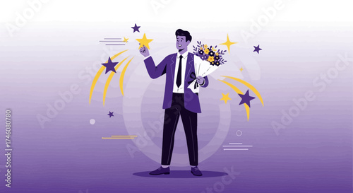 Illustration of a man holding flowers and a star to celebrate an achievement or award