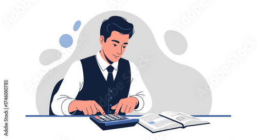 Illustration of a man in a business suit calculating using a calculator and a book