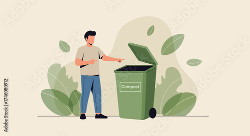Illustration of a Man Pointing to a Compost Bin in an Eco-Friendly Environment