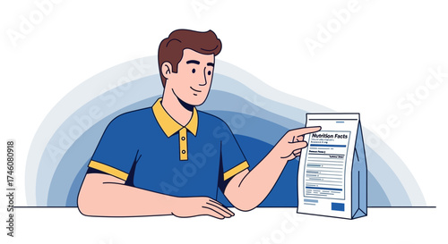 Illustration of a man pointing at the nutrition facts on a food package
