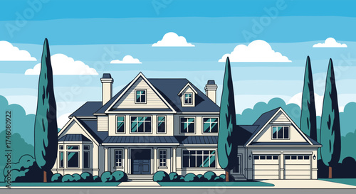 A large suburban home with a detached garage and mature trees in a pixel art style.