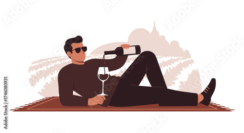Illustration of a man pouring wine in a vineyard laying down while enjoying the moment