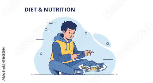 Illustration of a man pointing at healthy food on a plate, diet and nutrition concept