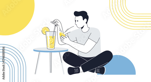 Illustration of a man preparing lemonade and enjoying a refreshing drink, vector art