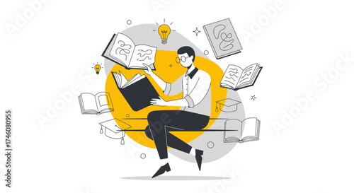 Illustration of a Man Reading Books with Ideas and Graduation Caps Representing Studies