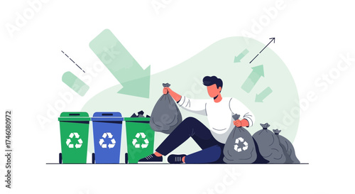 Illustration of a man recycling waste, using the correct bins for a cleaner environment