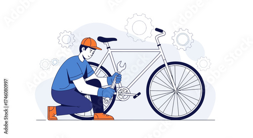 Illustration of a man repairing a bicycle, perfect for cycling and bike repair concepts