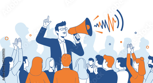 Illustration of a man speaking to an audience using a megaphone to communicate