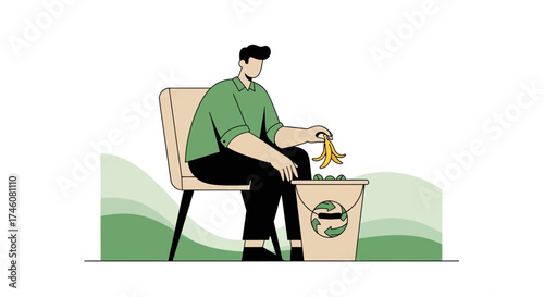 Illustration of a Man Throwing a Banana Peel in a Recycling Bin