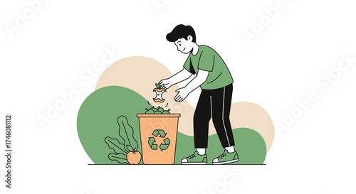 Illustration of a man throwing apple core into the recycling bin to manage waste
