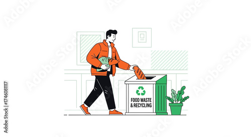 Illustration of a man throwing food waste into a recycling bin at home to recycle