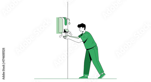 Illustration of a man using a hand sanitizer dispenser for hygiene and health safety