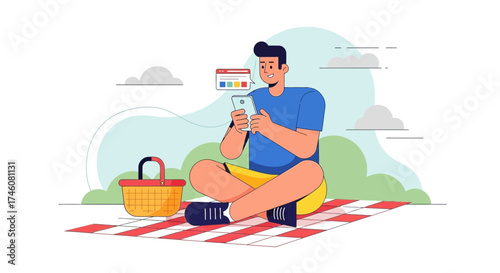 Illustration of a man using a smartphone on a picnic, modern flat design style