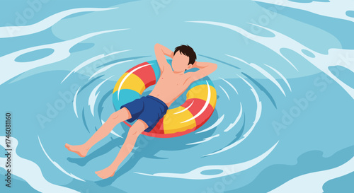 Young person enjoying a relaxing day floating on a colorful inflatable ring in clear blue water on a sunny day.