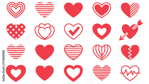 Collection of diverse red heart graphics perfect for romantic designs and valentine's day celebrations