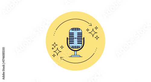A vintage microphone icon on a yellow background with sparkling effects and dashed circular border. A modern digital illustration representing audio recording and broadcasting.
