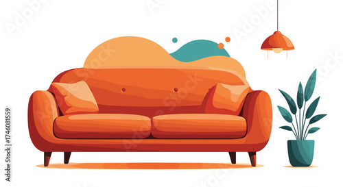 A vibrant orange sofa sits in a minimalist room with a potted plant and a hanging lamp.