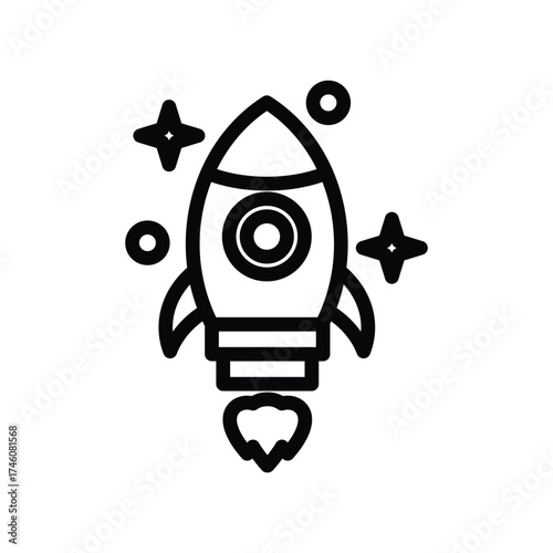 A rocket icon surrounded by stars and circles It has a flame fins and porthole