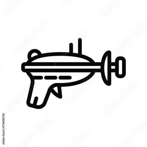 A stylized black line drawing of a ray gun with a rounded body and trigger and a bulbous end