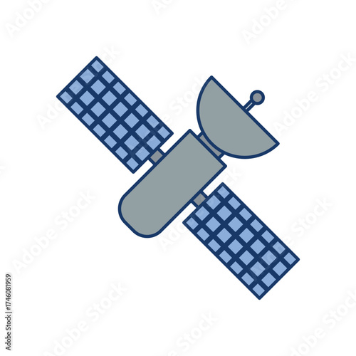 A stylized satellite icon with solar panels and a dish antenna