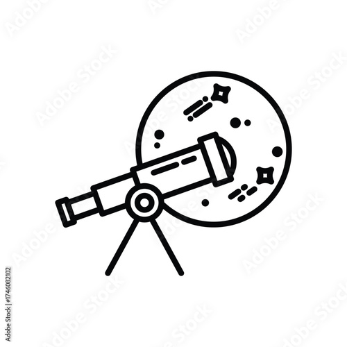 A telescope illustration pointing towards a celestial body The image depicts stars dots and a telescope with a tripod