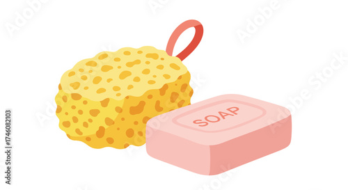 A bath sponge and a bar of pink soap are displayed together on a white background.