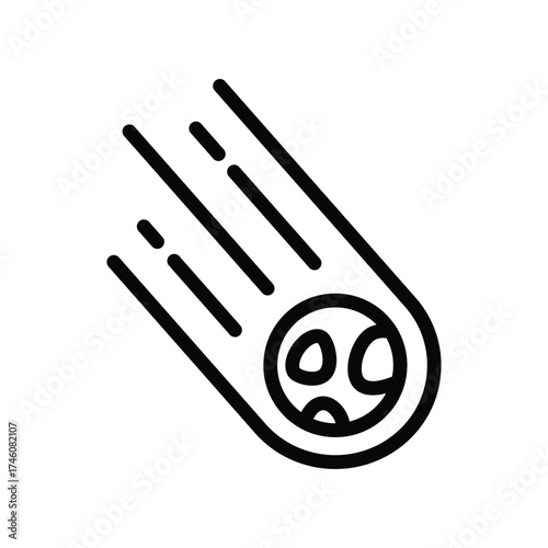 A thick black outline depicts a celestial object streaking with vapor trails The object has a circular shape with interior markings