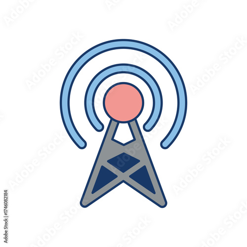 A vector image shows a communication tower with radiating signal arcs The tower has gray and blue elements