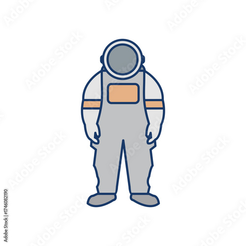 An astronaut in a gray suit helmet and orange rectangular patch on the chest The astronaut stands