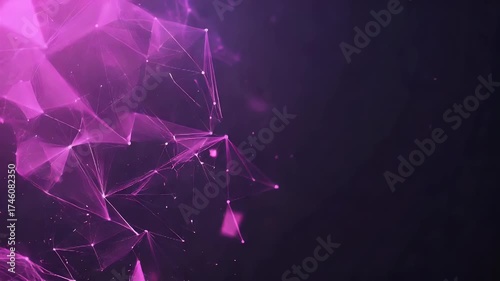 Abstract purple network with interconnected lines, triangles, and dots against a dark background