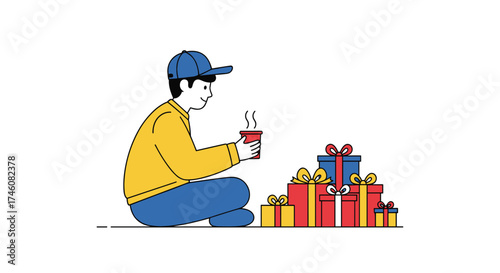 A young person in a yellow shirt and blue hat sits on the floor holding a cup of coffee near several gift boxes.